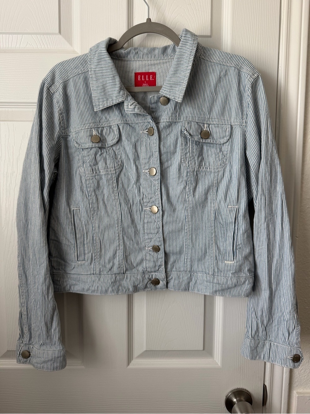 ELLE Blue White Pinstripe Denim Jacket Cotton Stretch Trucker Large